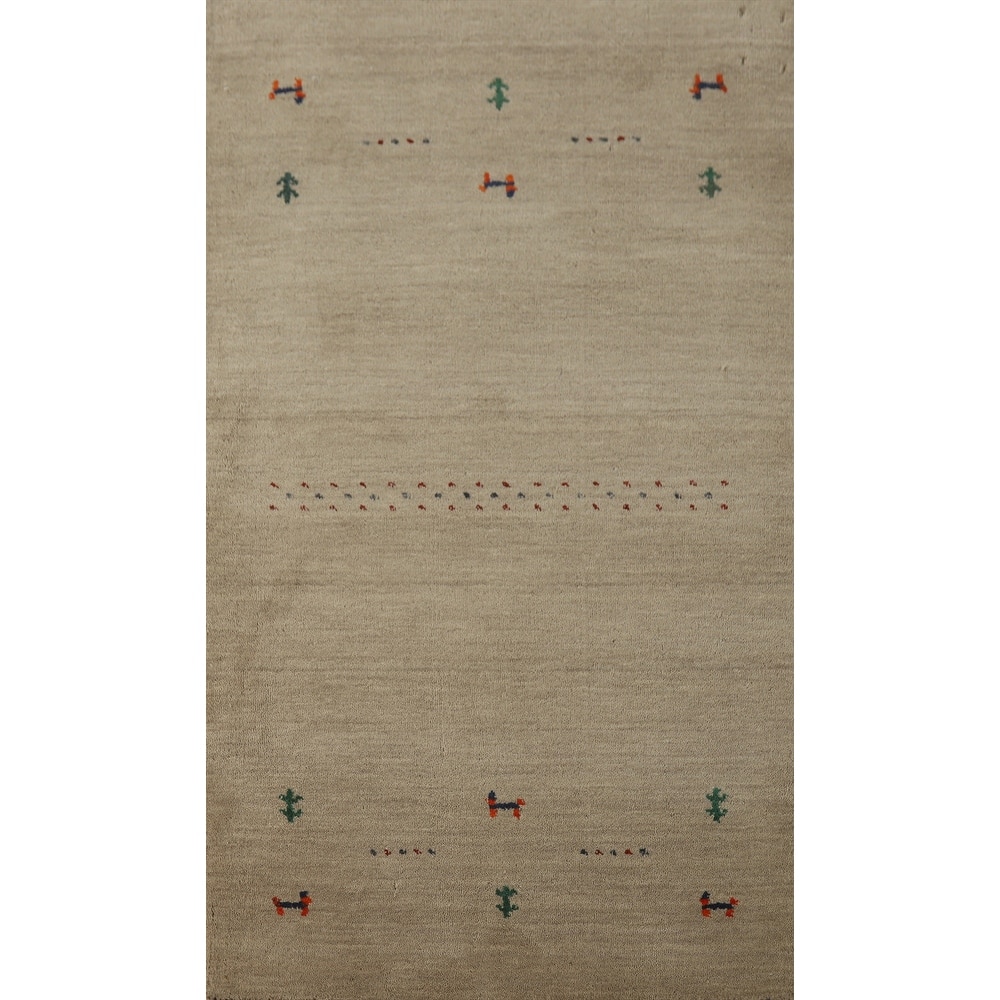 Hand Knotted Oriental 100% Wool Carpet Tribal Animal Pictorial Beige & Ivories Gabbeh Area Rug - 4' 10'' X 2' 10''