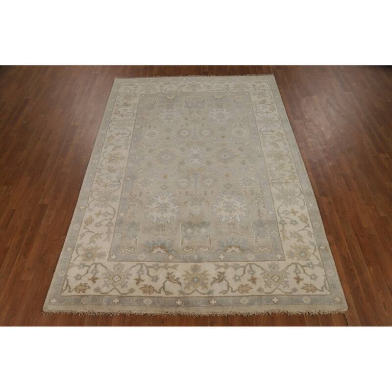 Transitional Beige Oushak Indian Area Rug Hand-Knotted Wool Carpet - 6'2" x 8'11"