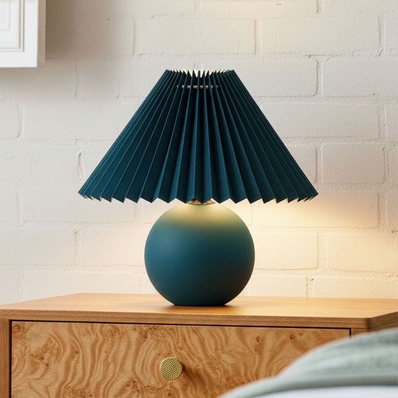 Brightech Serena LED Matte Teal Midcentury Round Globe Bedside Nightstand Desk Lamp with Green Pleated Empire Shade