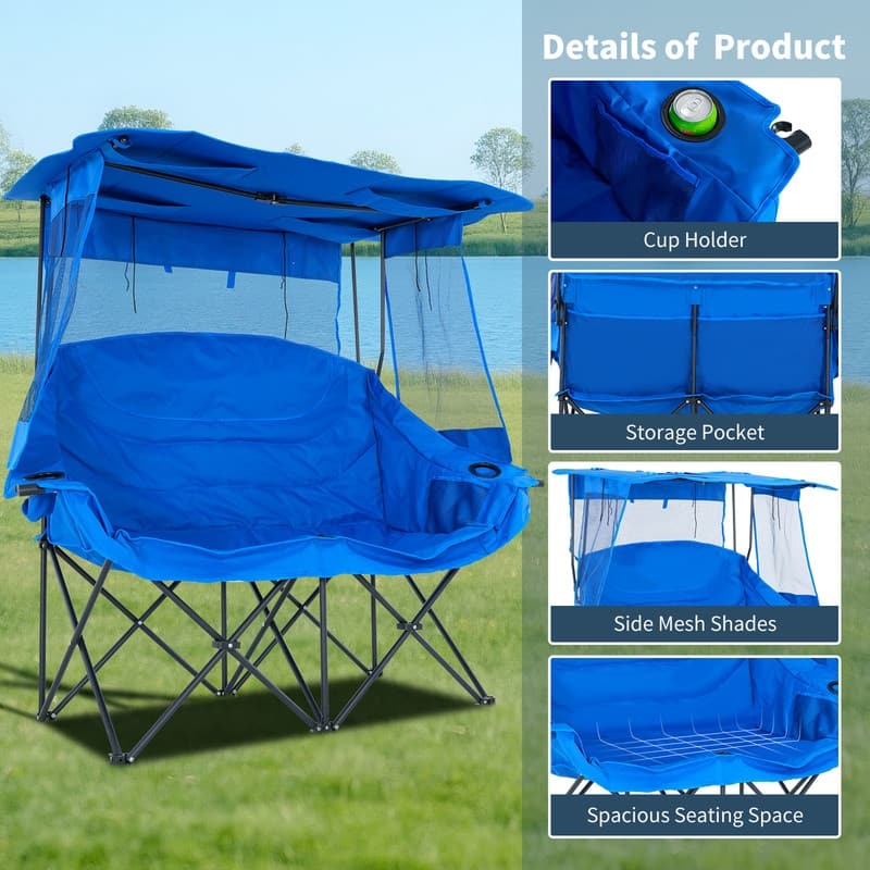 Double Beach Chair with Canopy Shade, Cup Holder and Side Pocket