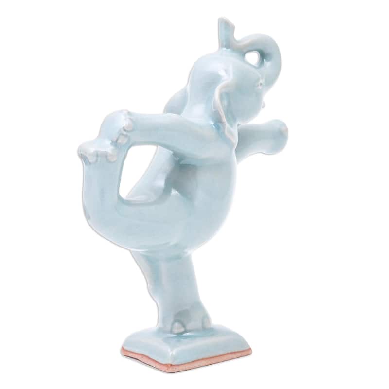 Novica Handmade Elephant Mountain Pose Celadon Ceramic Figurine