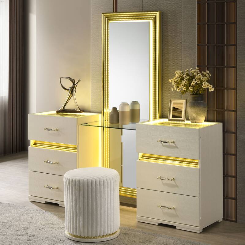Furniture of America Saven Modern 2-Piece 6-Drawer Vanity Set with LED Light and Full-Length Mirror - Beige
