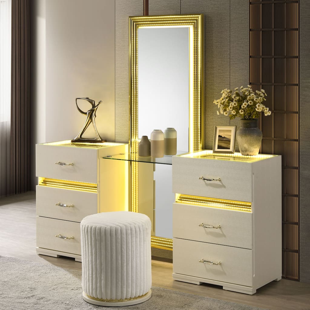 Furniture of America Saven Modern 2-Piece 6-Drawer Vanity Set with LED Light and Full-Length Mirror