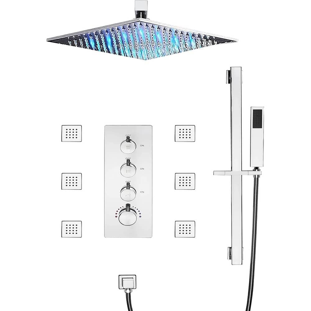 16" LED Wall Mount Rainfall 3 Way Thermostatic Shower System with Slide Bar, 6 Jets