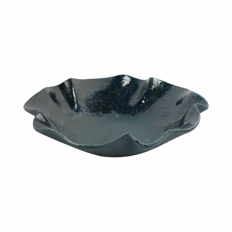 Decorative Round Wavy Edge Glazed Pottery Bowl - 16", Blue - 15.5"