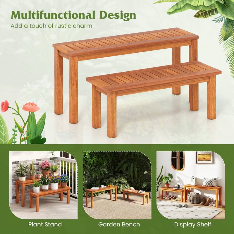 Gymax Wooden Plant Stand Set of 2 w/ Teak Oil Finish Slatted Top