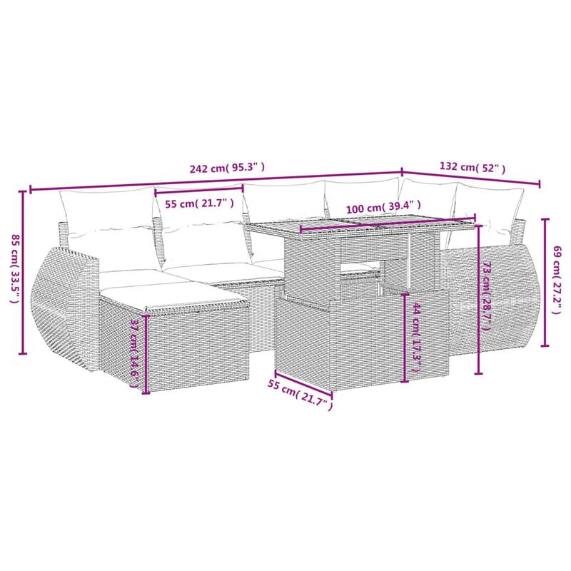 vidaXL Patio Sofa Set with Cushions Outdoor Conversation Furniture Poly Rattan - 21.7 x 24.4 x 27.2