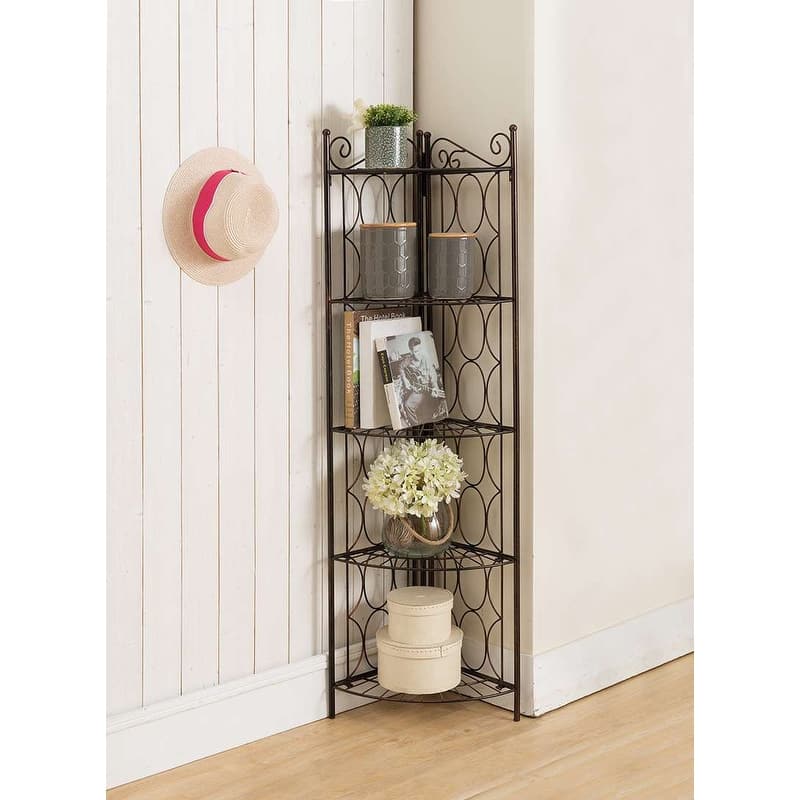 Brushed Copper Metal 5 Tier Shelf Corner Rack Unit - Black