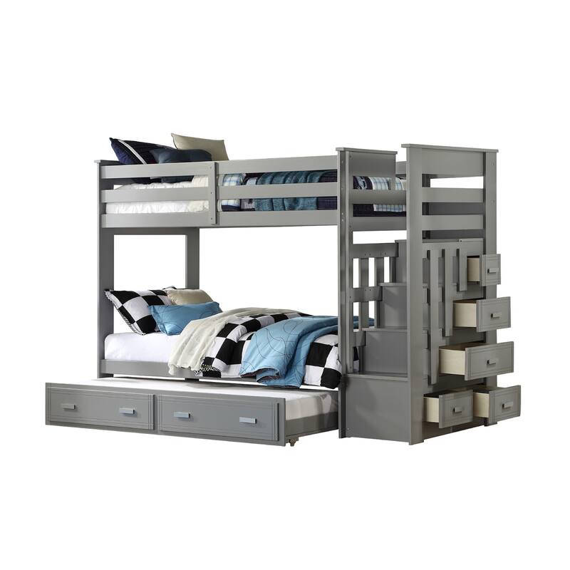 Wooden Twin over Twin Bunk Bed with Trundle in Gray Finish
