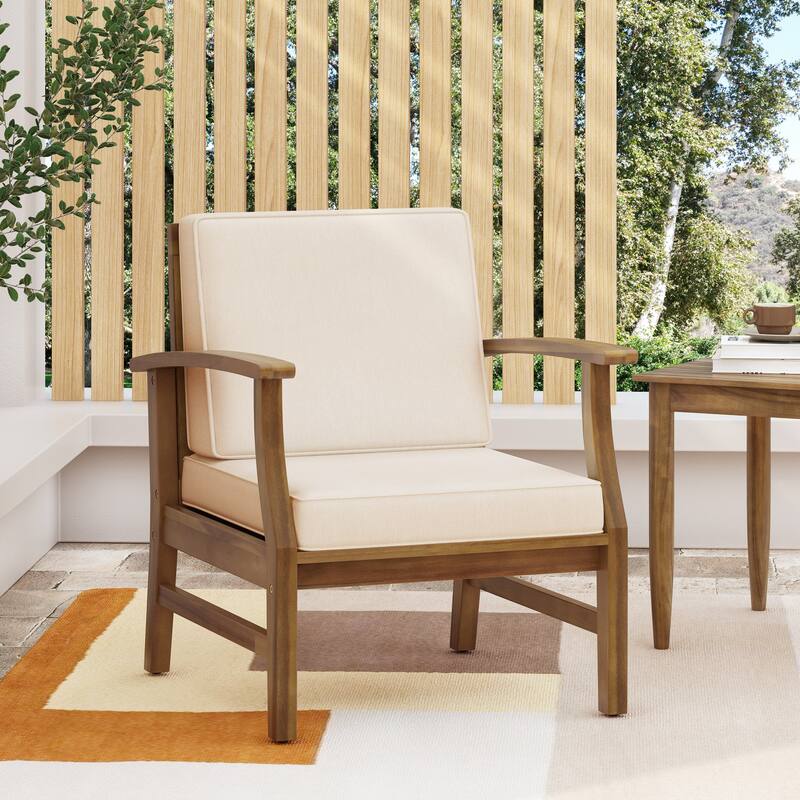 Roomfitters Outdoor Acacia Wood Club Chair with Weather-Resistant Cushions - Cream