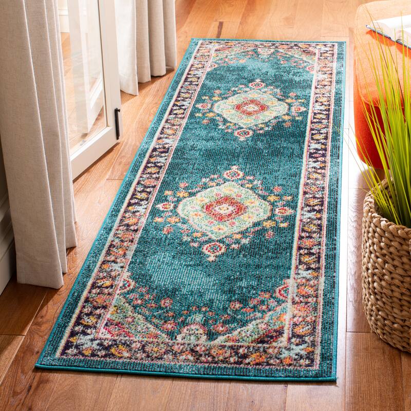 SAFAVIEH Madison Felicitas Vintage Oriental Medallion Rug - 2'3" x 8' Runner - Navy/Turquoise