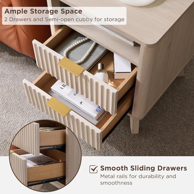 Modern Minimalist Side Table, Fluted Nighstand End Table for Bedroom