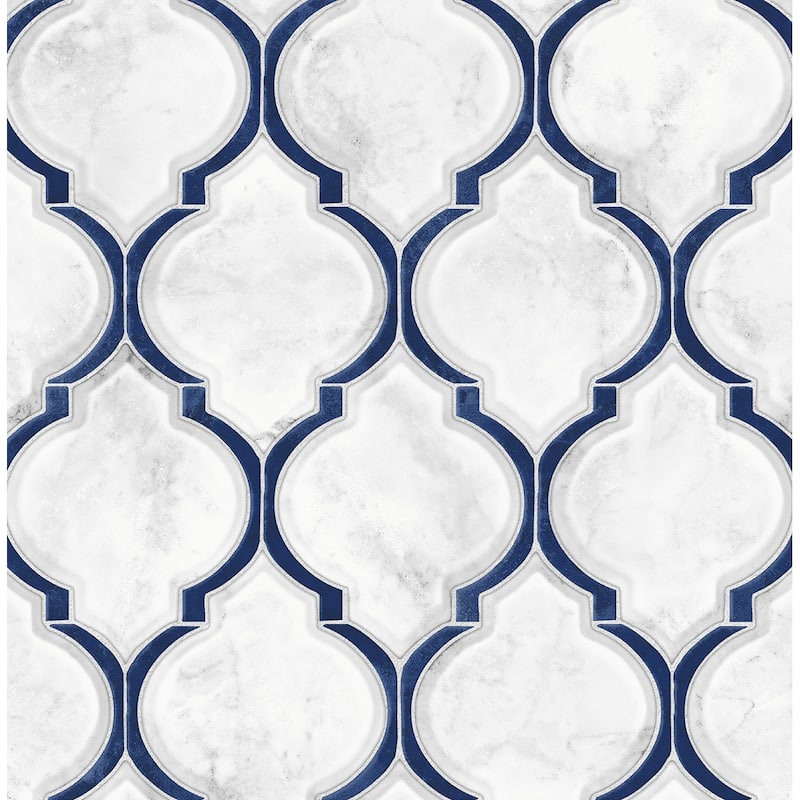 NextWall Marbled Ogee Peel and Stick Wallpaper - 20.5 in. W x 18 ft. L - Royal Blue & Carrara