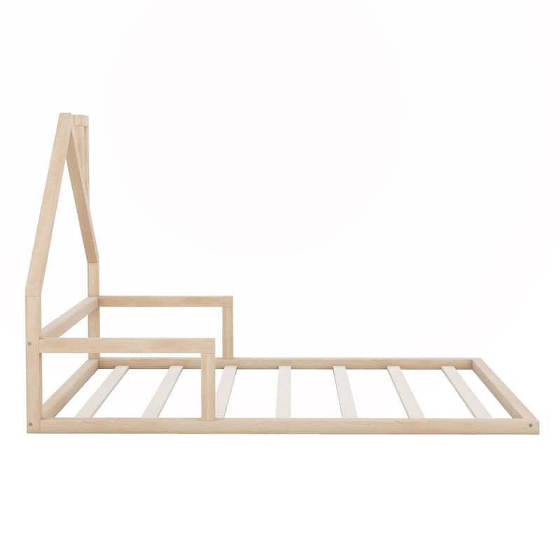 Full Size Wood Floor Bed with House-shaped Headboard
