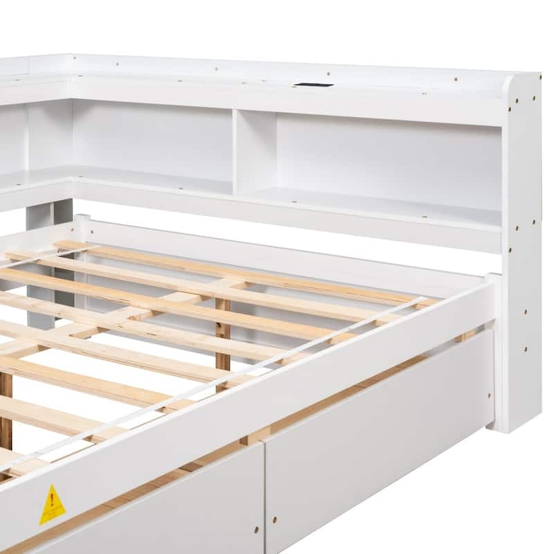 Full Size L-shaped Bookcases Bed with Power Outlets, USB Charging Ports and Two Drawers