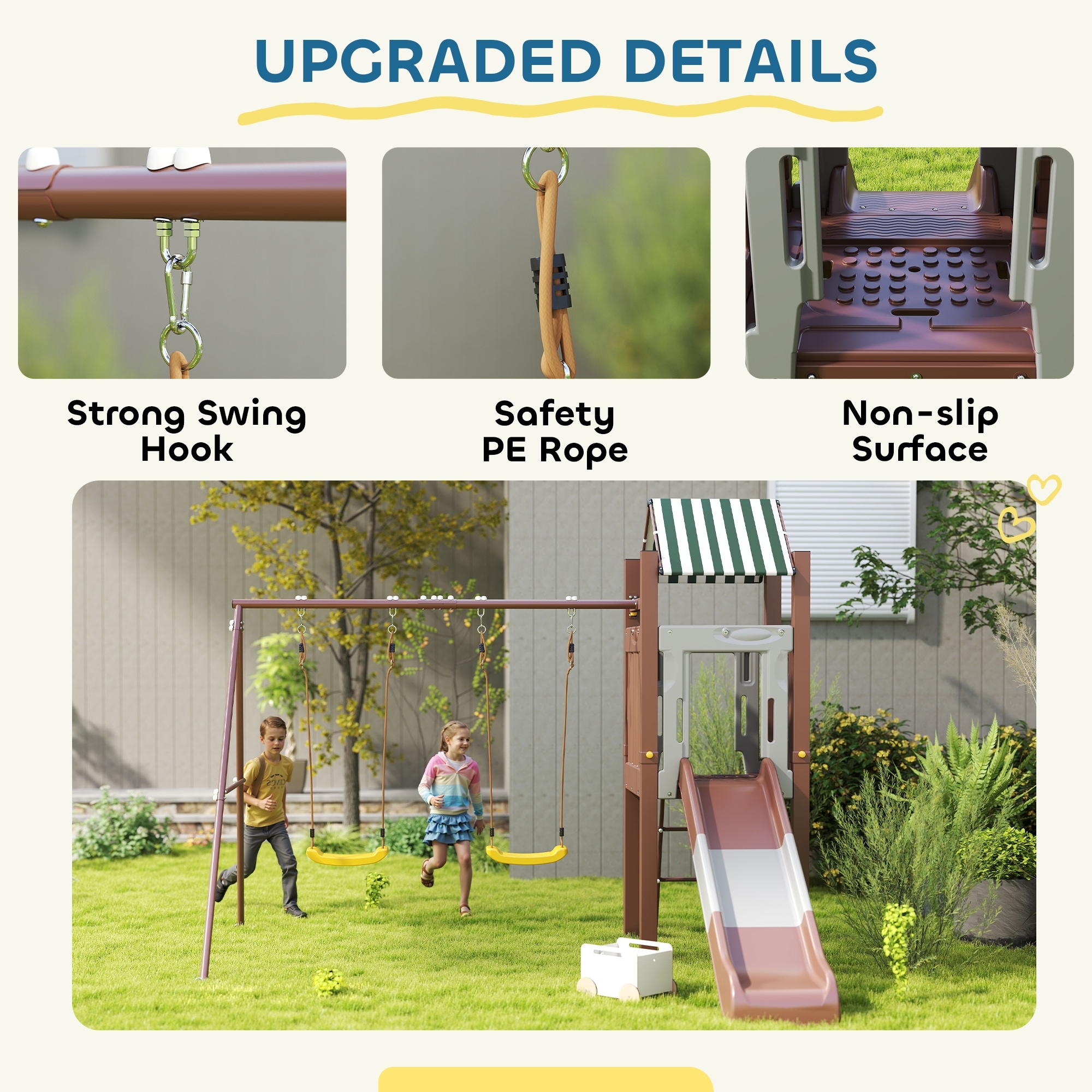 Qaba Kids Swing Set for Backyard, Playground Set with 6 FT Slide