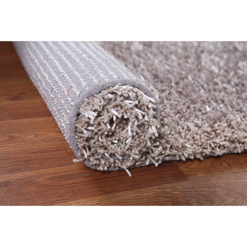 Hand Knotted Oriental Polyester Carpet Modern Contemporary Beige & Ivories Shaggy Area Rug - 4' 9'' X 2' 8''