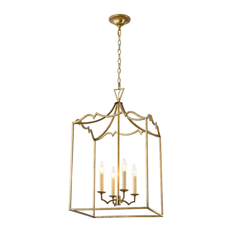 Vintage 4-Light Candle Aged Gold Iron Square Cage Pendant Lantern
