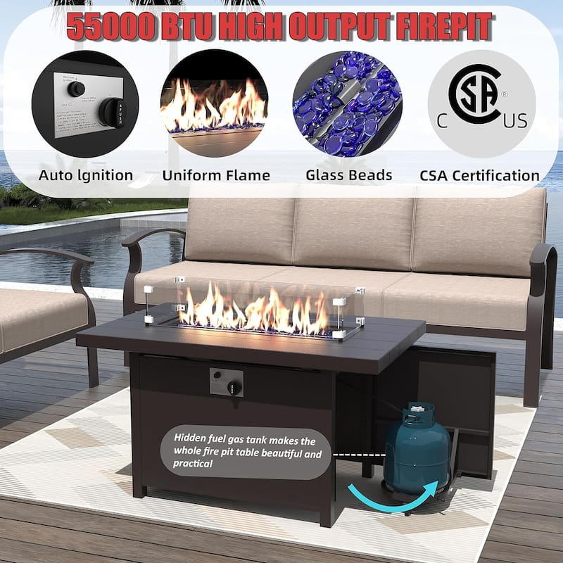Kullavik Aluminum Outdoor Patio Furniture with Curved Armrests & Firepit Table
