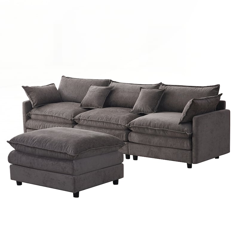 Upholstered Soft Chenille Fabric Sofa,3 Seater with Ottoman L Shape Sofa