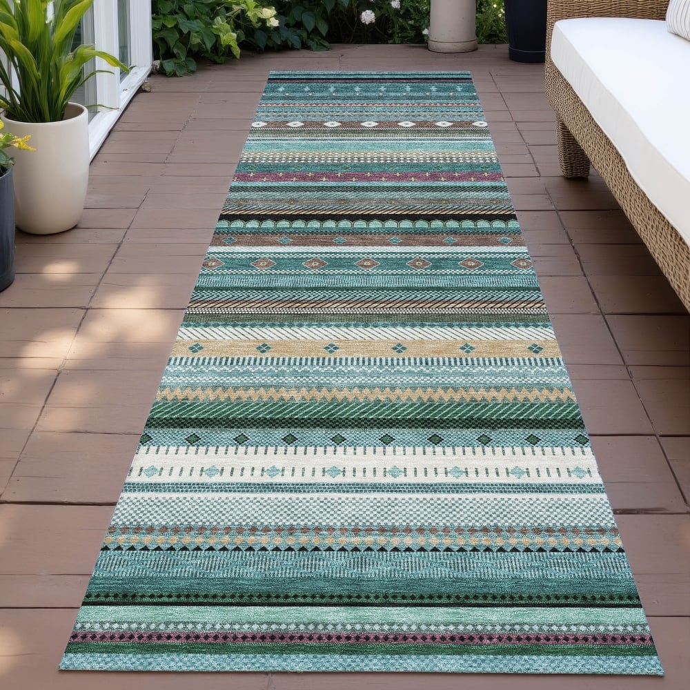 Machine Washable Indoor/Outdoor Boho Stripes Chantille Rug
