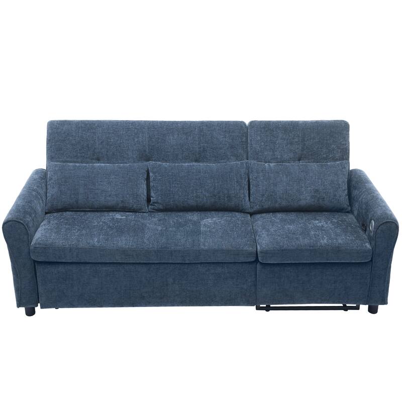 82" 2-in-1 Blue Chenille Sofa with Pull-out Bed, Recliner, and USB Ports