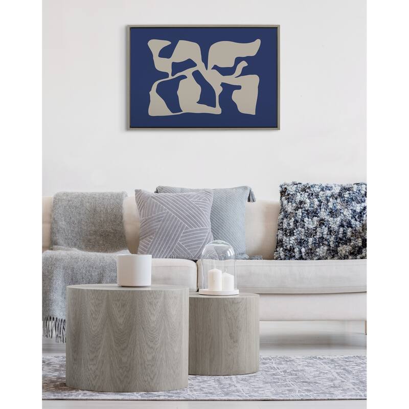 Kate and Laurel Sylvie Distorted Shapes of Blue and Tan Framed Canvas by The Creative Bunch Studio