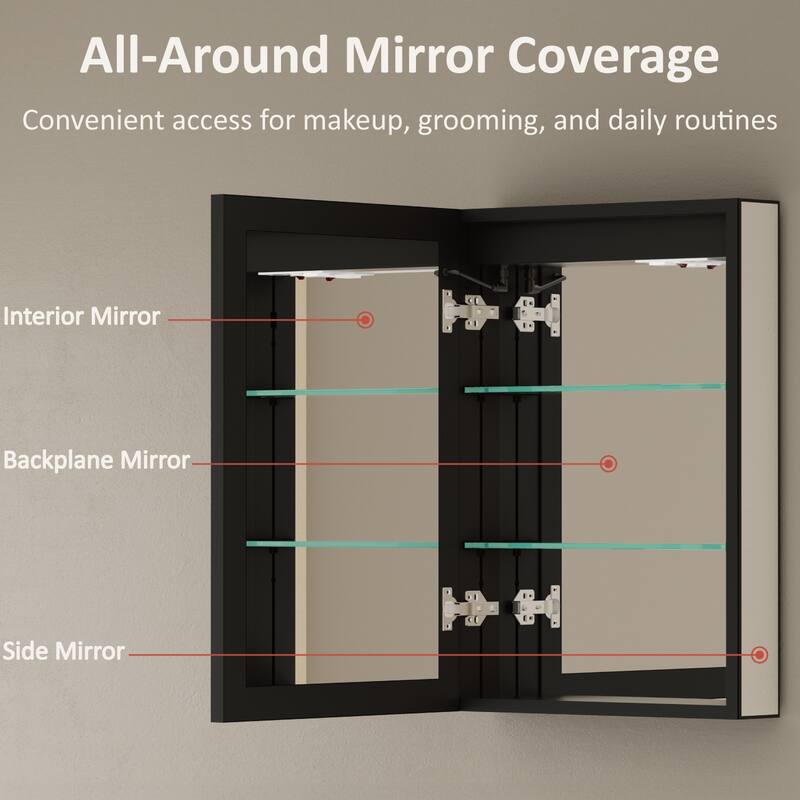 Grand Aluminum Medicine Cabinet with Mirror, Adjustable Shelves, Dimmable Light, Anti-Fog, Recessed or Wall Mount