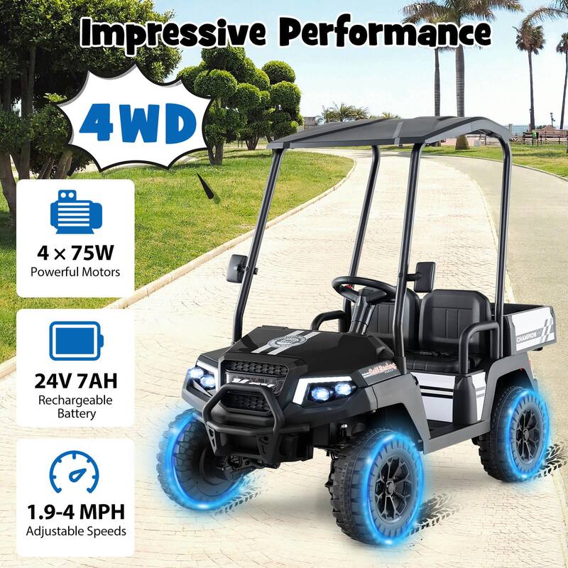 Costway 24V 7AH Kids Golf Cart 4WD 2 Seater Ride on Car with Sun Shade
