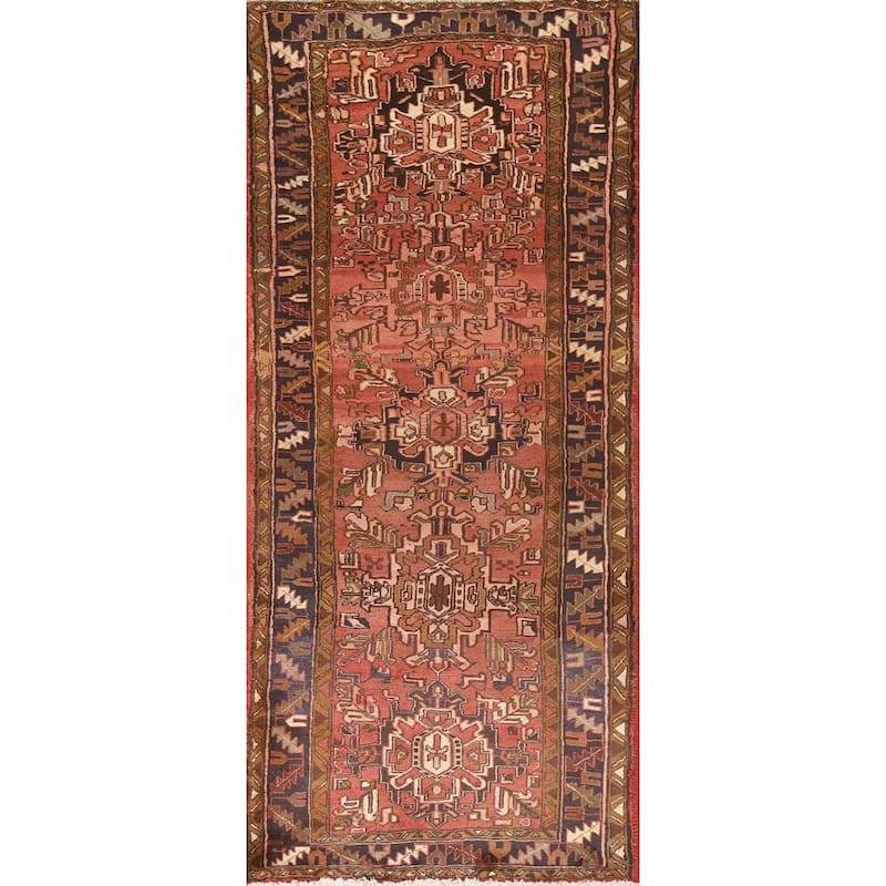 Geometric Pink Heriz Persian Vintage Runner Rug Handmade Wool Carpet - 3'10"x 10'1"