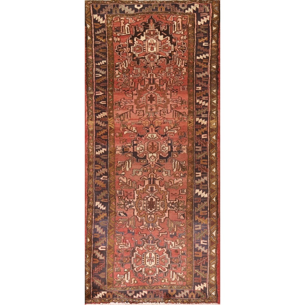 Geometric Pink Heriz Persian Vintage Runner Rug Handmade Wool Carpet - 3'10"x 10'1"