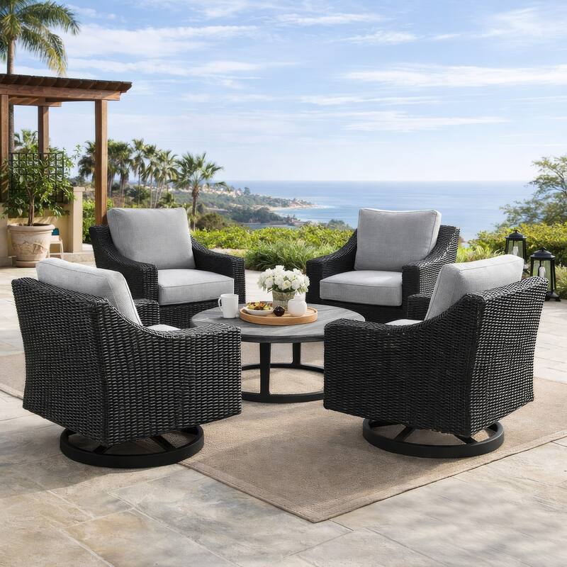Tira 38 Inch Outdoor Swivel Lounge Chair, Cushioned, Resin, Black, Gray