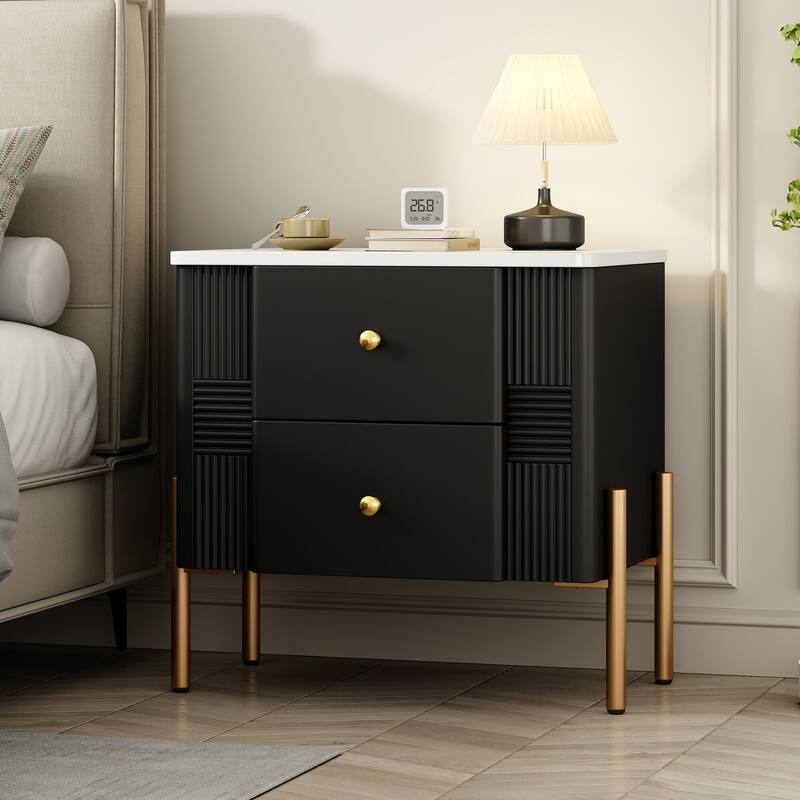 Contemporary Nightstand Featuring 2 Storage Drawers, Fluted Design with Gold-Tone Metal Handles and Legs, Versatile End Table - Black