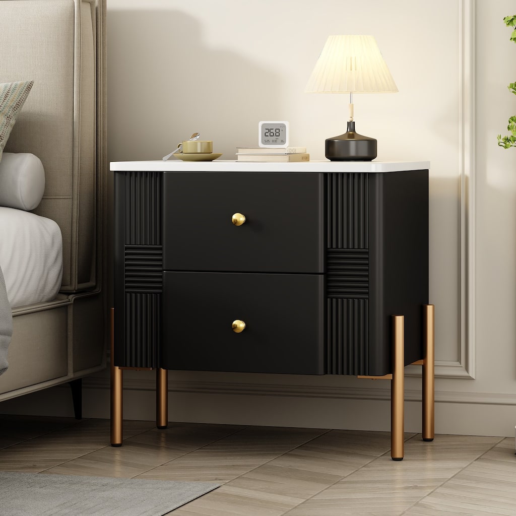 Modern Fluted Nightstand with 2 Drawers, Golden Metal Handles, High Legs, Multi-Scene Use, Easy Assembly, Black