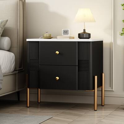 Roomfitters Modern Nightstand with 2 Storage Drawers, Fluted Bedside Table with Gold Metal Handles and Legs