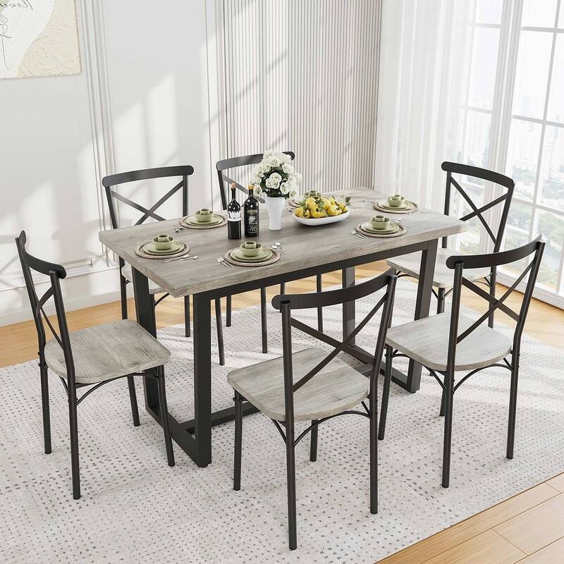52” Dining Table Set for 6 People,7-Piece Kitchen Table Chairs Set of 6 People with 6 Chairs, Kitchen Table Set w/MDF Wood Board