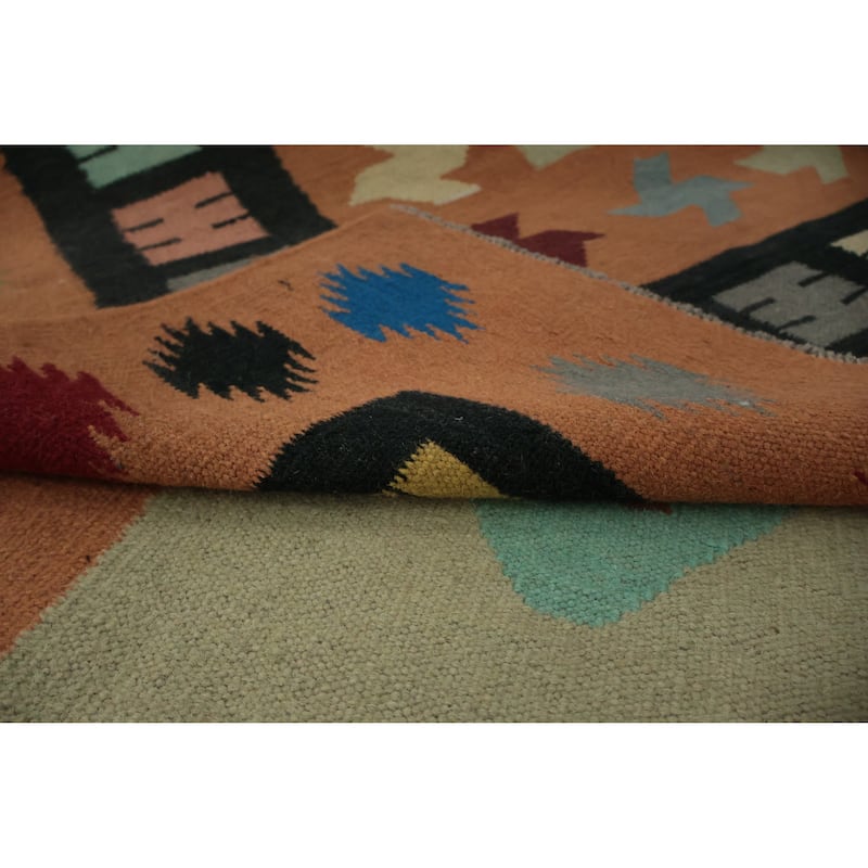 Hand Woven Oriental 100% Wool Carpet Southwestern Modern Green Kilim Area Rug - 10' 7'' X 8' 8''