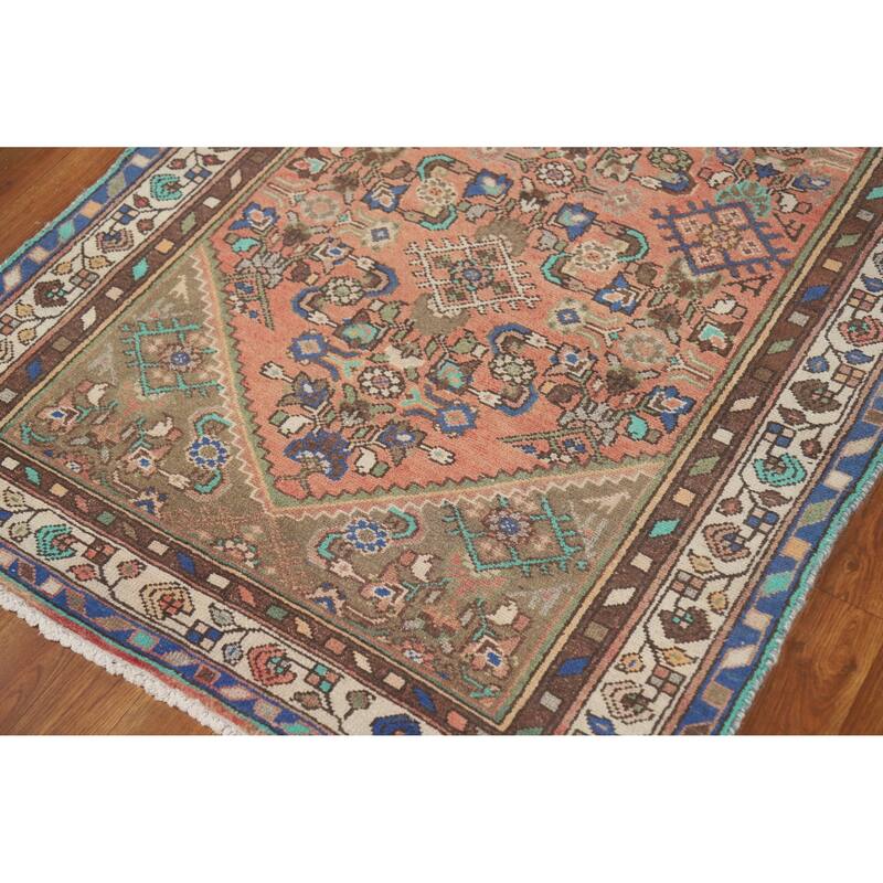 Hand Knotted Oriental 100% Wool Carpet Traditional Geometric Coral Hamedan Runner Rug - 10' 4'' X 3' 3''