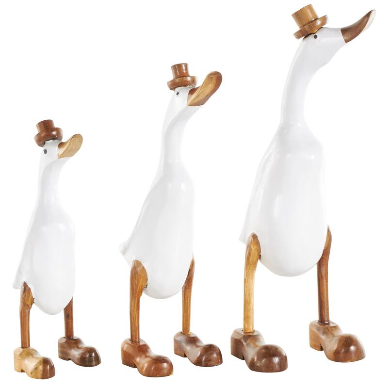 White Bamboo Wood Duck Decorative Sculpture with Brown Top Hats and Shoes (Set of 3)
