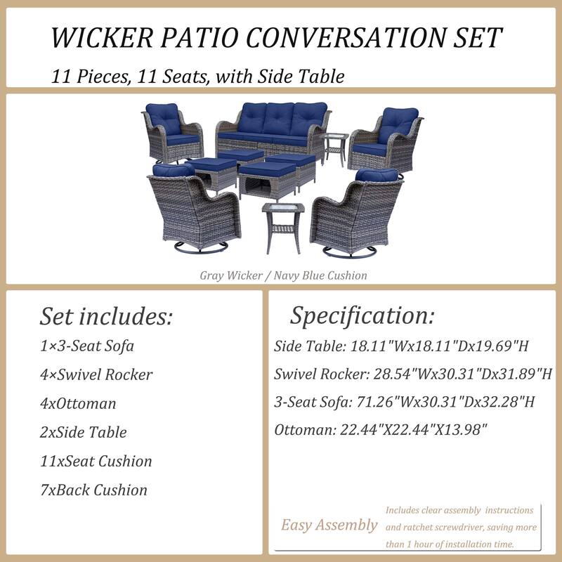 11 Piece Outdoor Wicker Patio Conversation Swivel Chairs Furniture Set