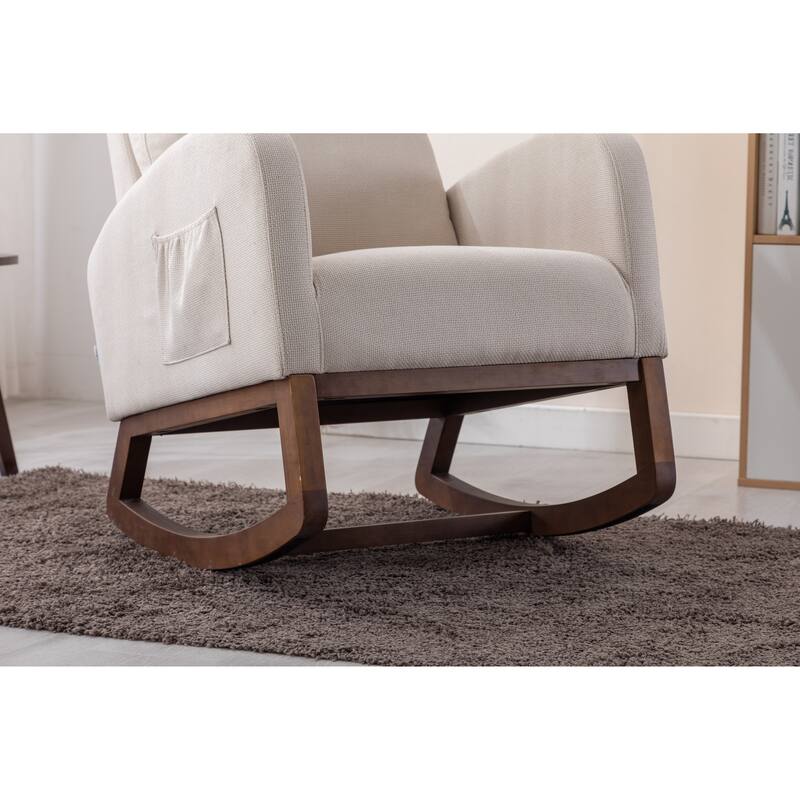 Linen High-Back Rocking Chair with Recliner Function, Side Pocket, and Solid Wood Legs