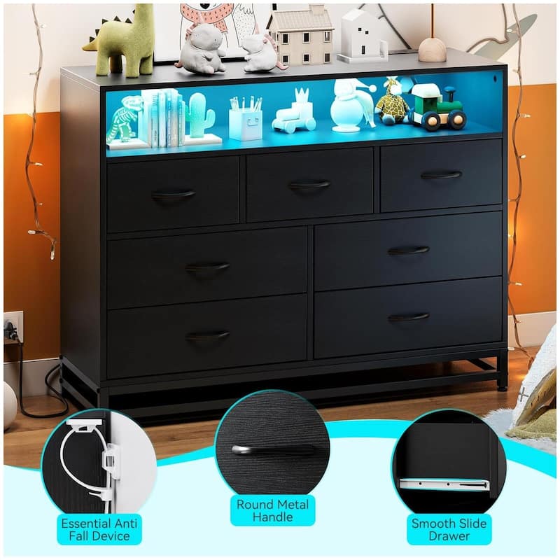 Modern 7-Drawer Dresser with Charging Station and LED Lights