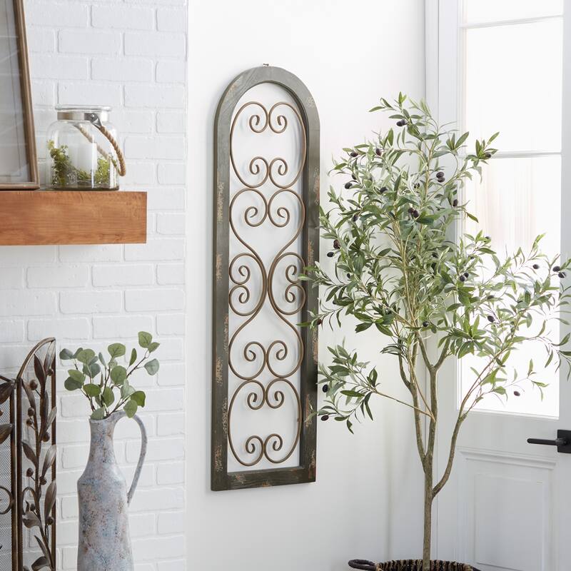 Brown Wood Arched Window Inspired Scroll Home Wall Decor with Metal Scrollwork Relief