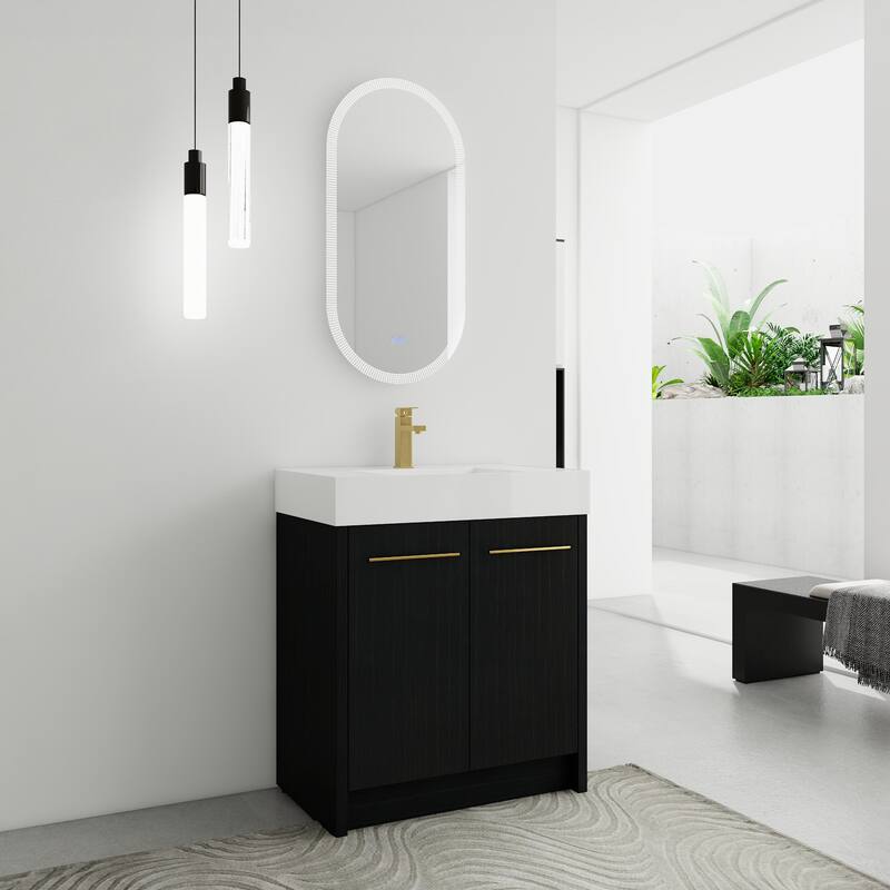 24" Bathroom Vanity with Resin Sink, Soft Close Hinges, Adjustable Storage, Black Chestnut Color, Freestanding Cabinet