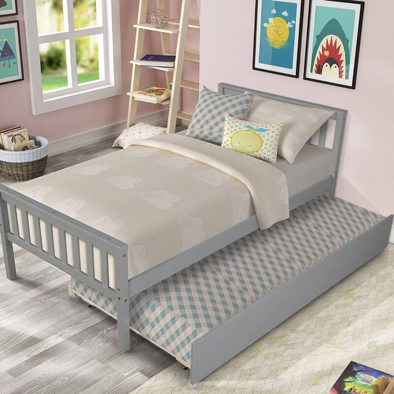 Space-Saving Platform Bed Frame with Trundle and Headboard - Grey