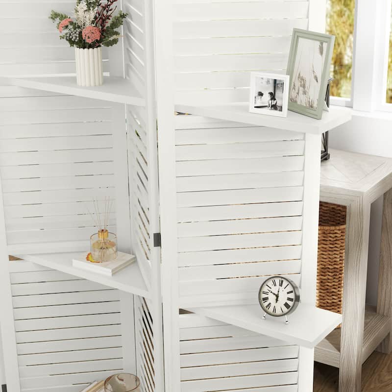 HOMCOM 5 Panel 67" Tall Wood Room Divider, Privacy Screen with 3 Display Shelves, and Folding Storage for Bedroom or Home Office