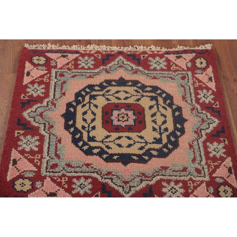 Geometric Red Kazak Oriental Runner Rug Handmade Wool Carpet - 2'5"x 8'1"