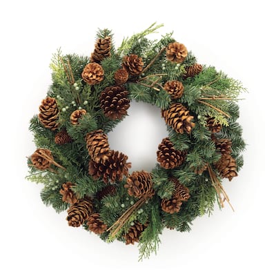 Green Brown Pinecone Wreath with Mixed Foliage and Wired Branches for Christmas Home Display