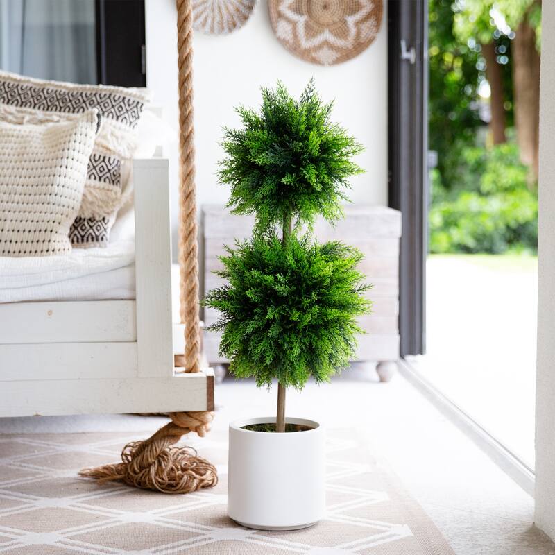 Cedar Double Ball Topiary Artificial Outdoor Potted Tree - 3.5' - Green
