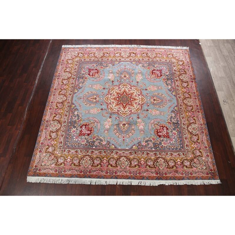 Hand Knotted Oriental 100% Wool Carpet Traditional Floral Navy Blue & Blues Tabriz Area Rug - 9' 9'' X 9' 10''